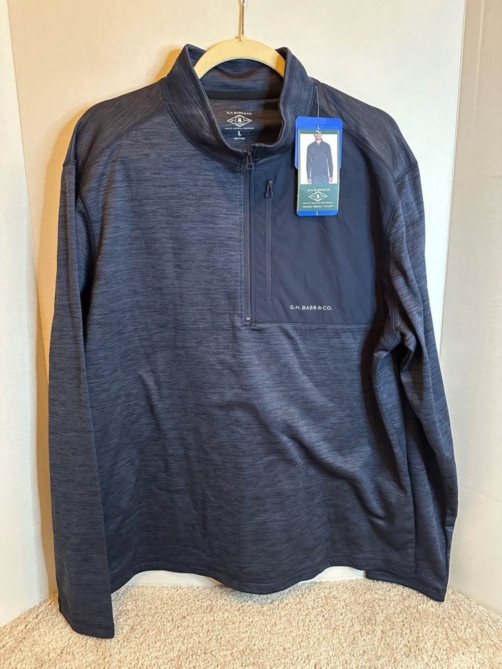 G.H. Bass & Co. Men's Navy Mixed Media Quarter-Zip Pullover, Large, NWT